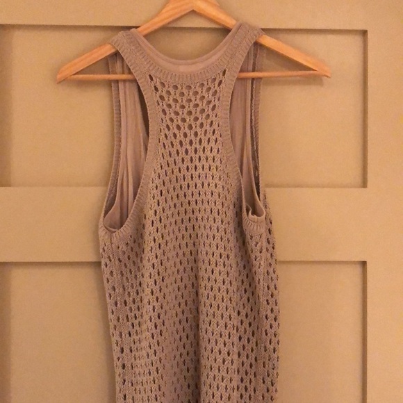 CLUB MONACO Mini Dress Open Knit Net Racer Back Linen Blend Tank Beige Taupe - Picture 3 of 5